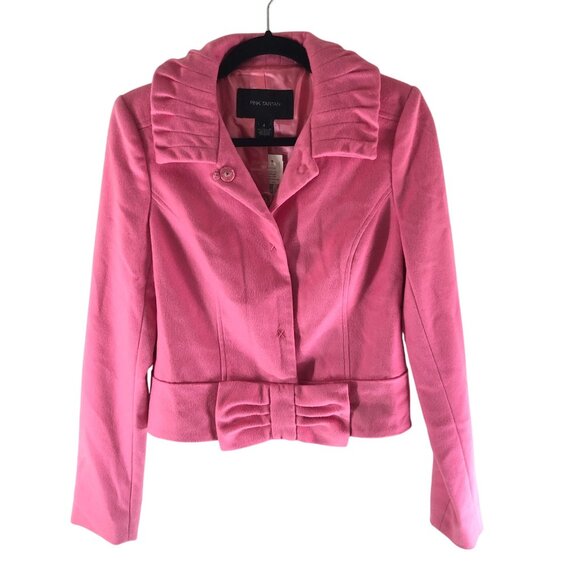Pink Tartan Jackets & Blazers - Pink Tartan Jacket Ruffle Collar Bow Detail Wool Cashmere Blend Pink 4